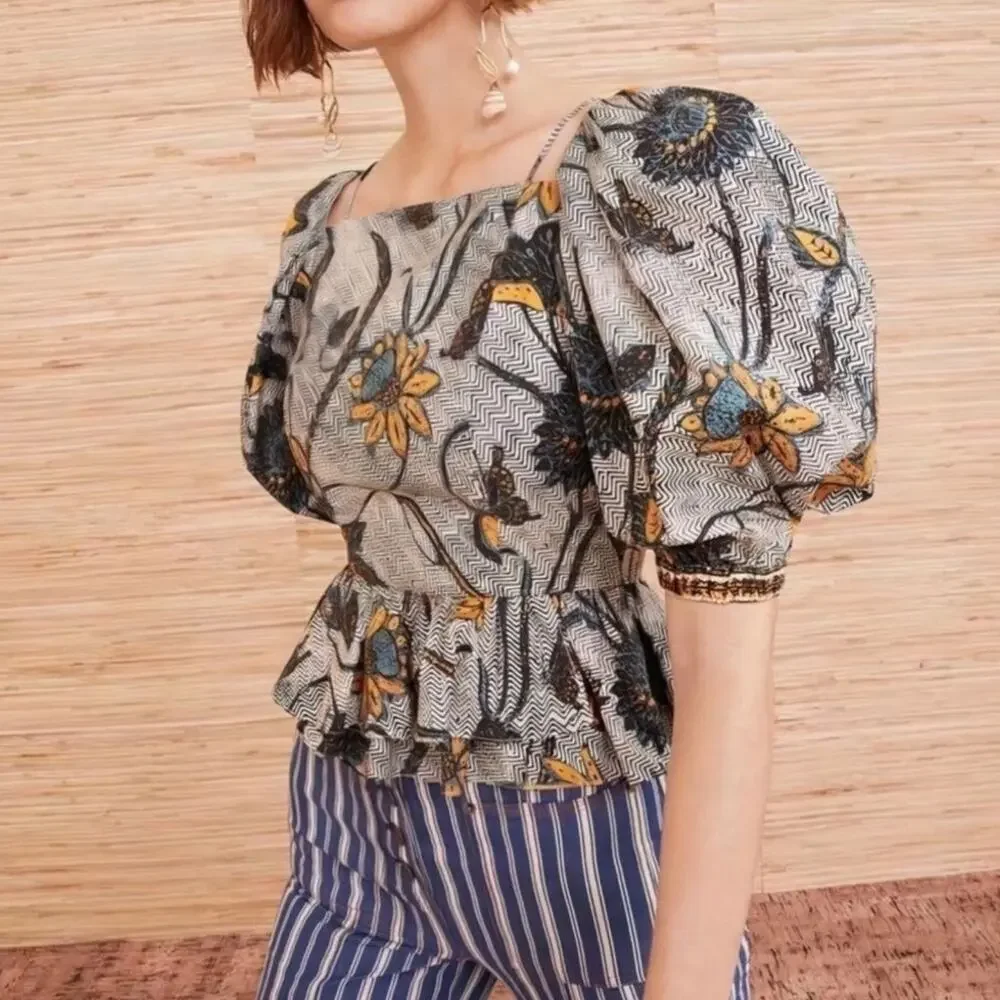 Ulla Johnson‎ Carlotta Blouse Puff Sleeve Cotton Portofino Print Size 14